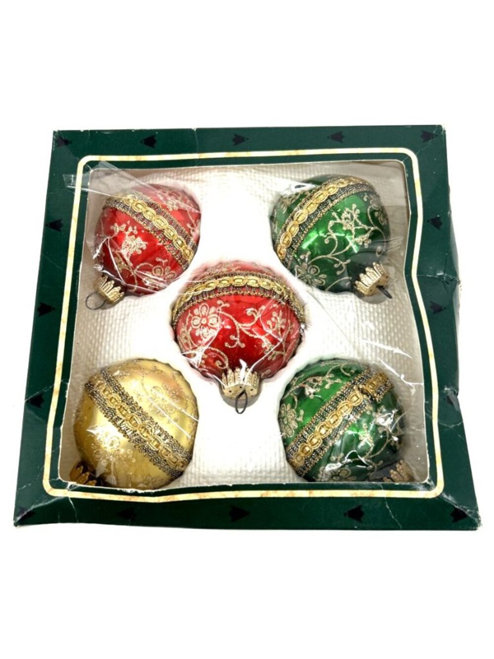 Krebs Christmas Ornaments Set of 4 Glass Glitter Rickrack 1980s 2.5"